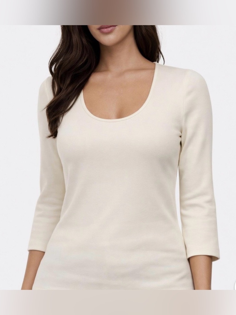 Carilyn Vaile Scoop Neck 3/4 Sleeve Smooth Chamoni Nylon Knit Top in Cream - XL